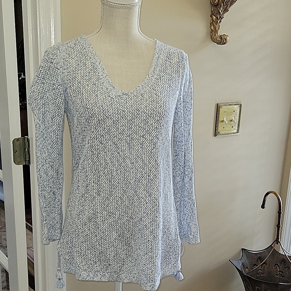 Talbots blue white open weave pullover sweater Vneck 3/4 slv 100% Pima Cotton M